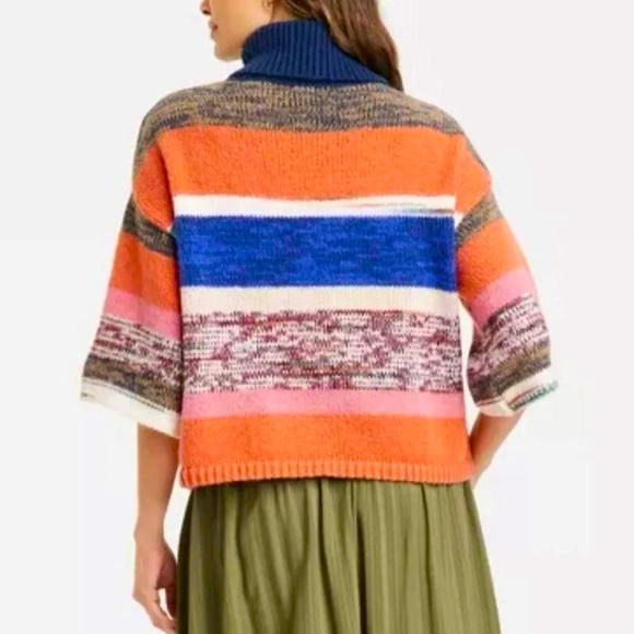 KNOX ROSE™ Cozy Colorful Striped Knit Turtleneck Sweater w 3/4 length Sleeves - Picture 3 of 8